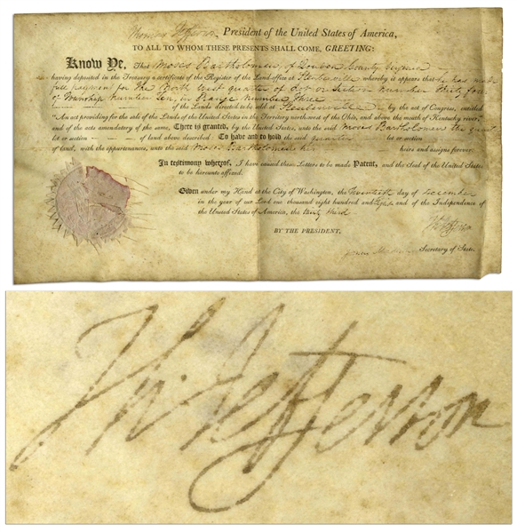 Thomas Jefferson Land Grant Signed as President -- Countersigned by James Madison as Secretary of State